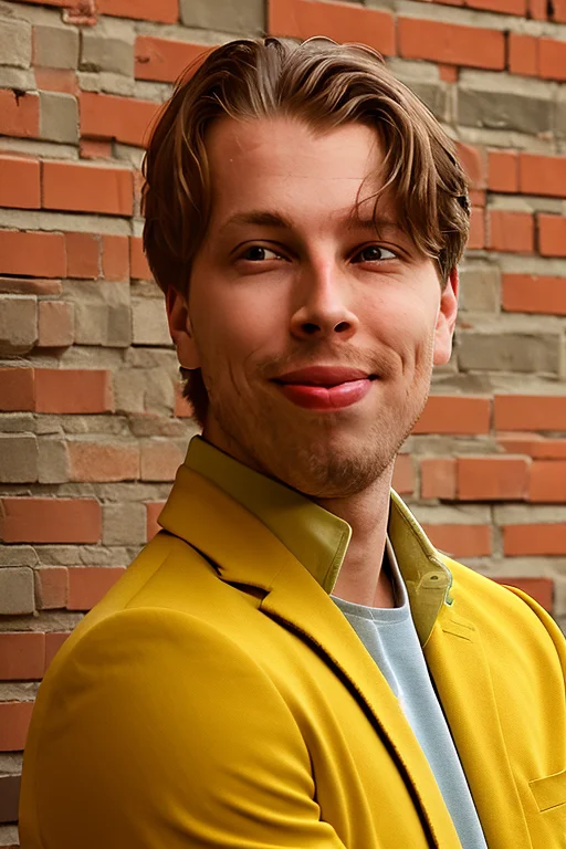 Me in front of a tile wall in yellow jacket