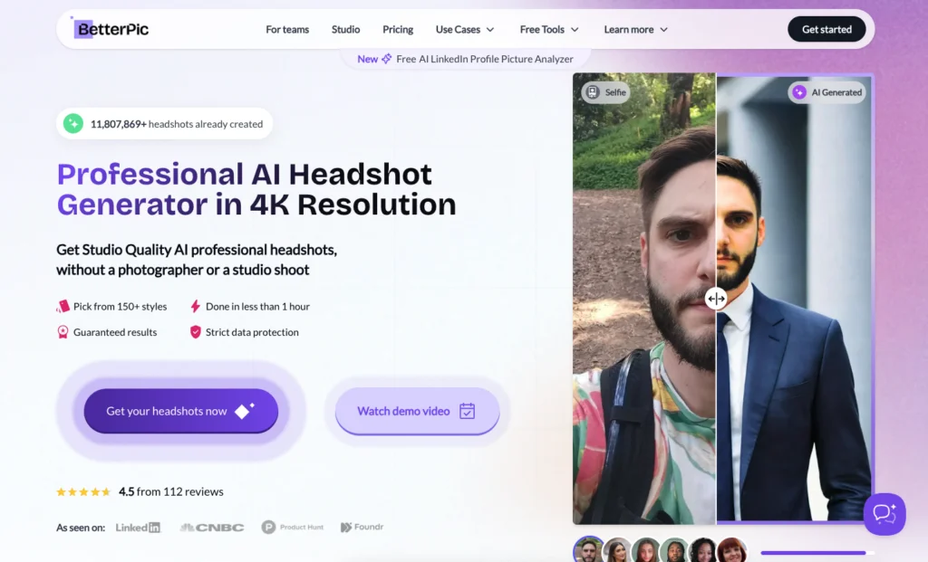 Betterpic AI headshot generator homepage
