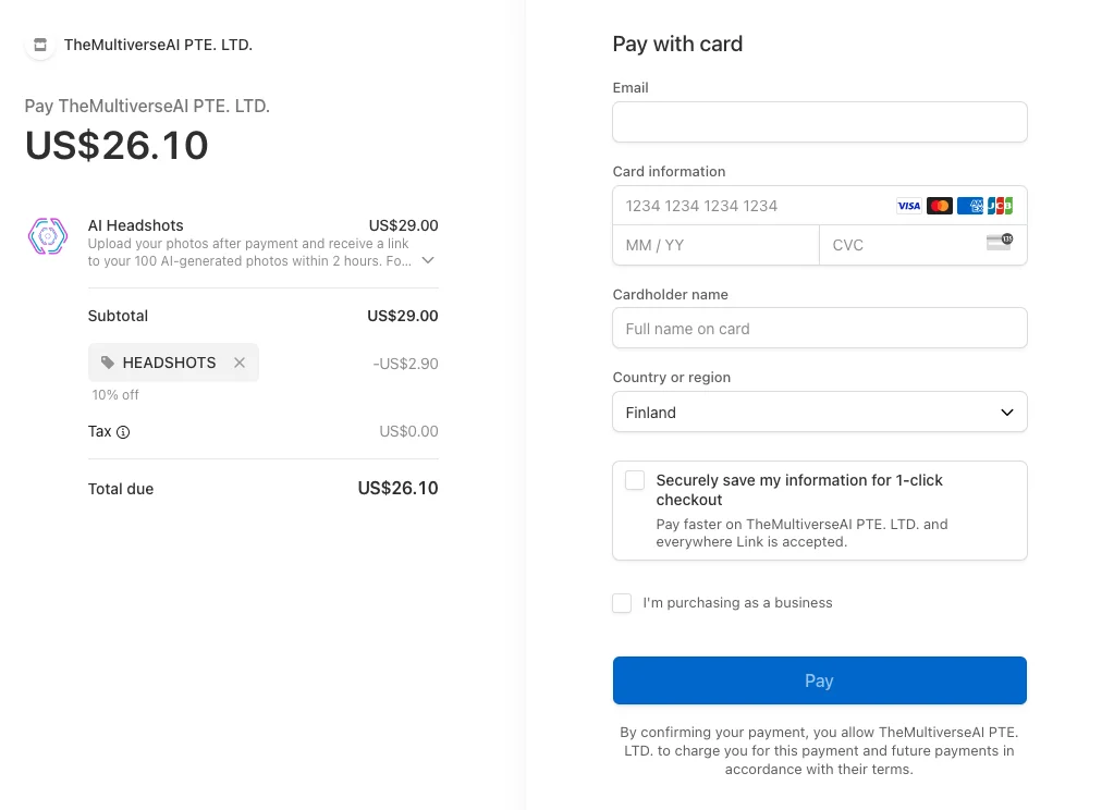 Fill in credit card details page