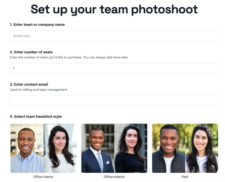 Team photoshoot setup page