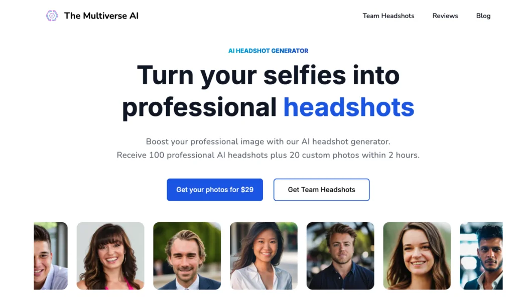 The Multiverse AI headshot generator homepage